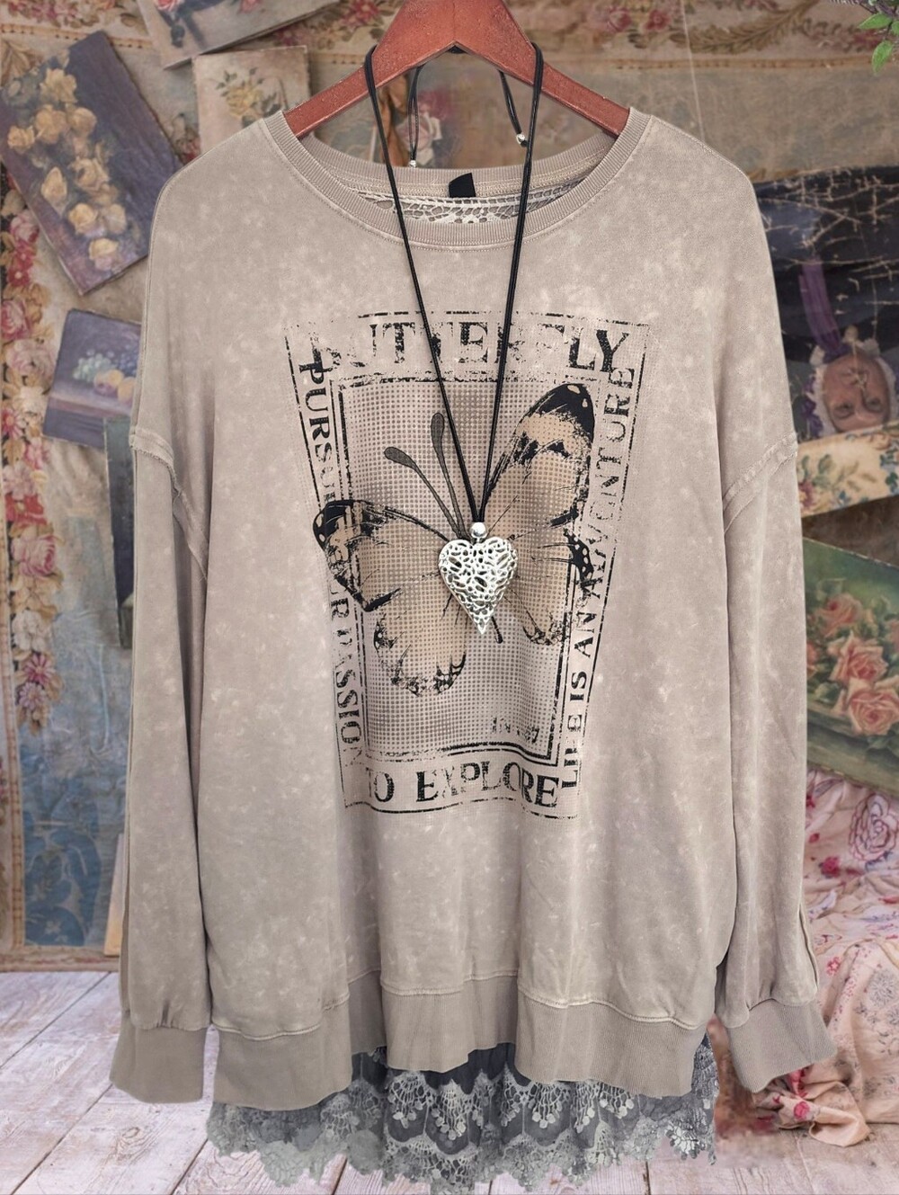 Free Style Boho Distreassed Sweatshirt Sweater butterfly Bohemian L